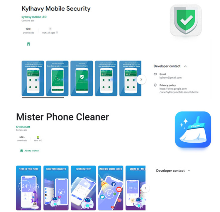 برنامه Mister Phone Cleaner و Kylhavy Mobile Security antivirus، اپلیکیشن‌های پرخطر اندرویدی هستند ک