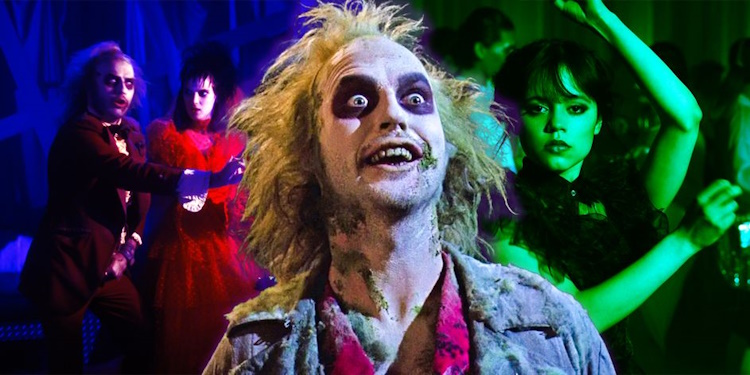 مایکل کیتون و وینونا رایدر در Beetlejuice با جنا اورتگا در چهارشنبه