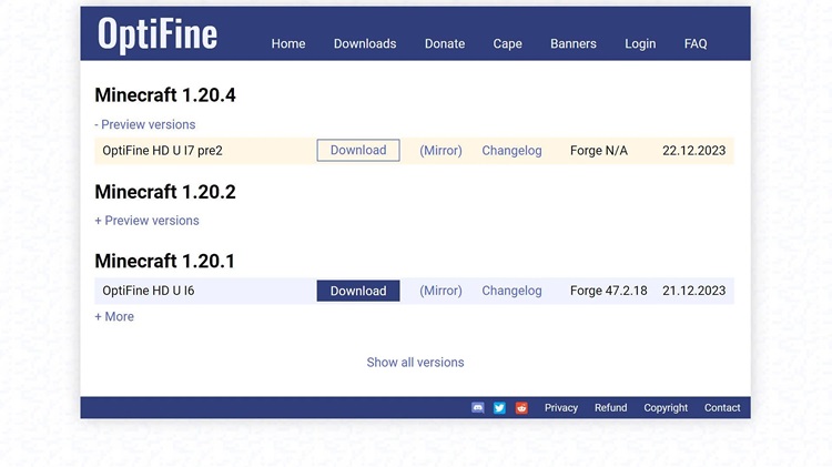 محل دانلود فایل ماد OptiFine که برای بازی ماینکرفت است.