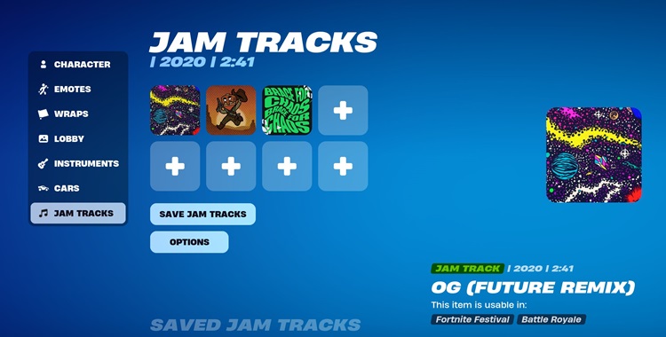 آهنگ‌های مختلف در صفحه Jam Tracks بازی فورتنایت