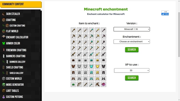 نمایی از محیط کاربری ابزار enchant calculator برای بازی ماینکرفت