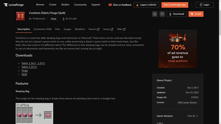 نمایی از وب سایت CurseForge برای دانلود ماد Comforts بازی ماینکرفت