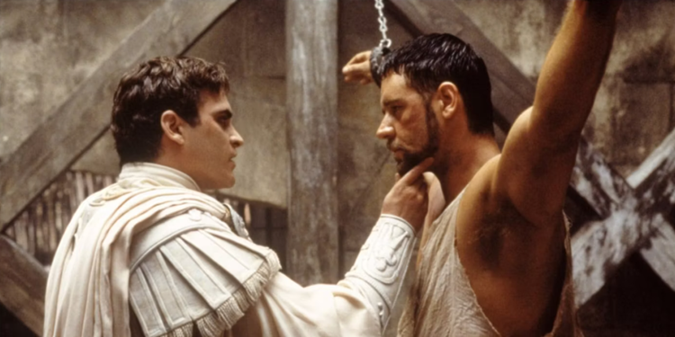 ماکسیموس و کومودوس در صحنه‌ای از فیلم اول گلادیاتور