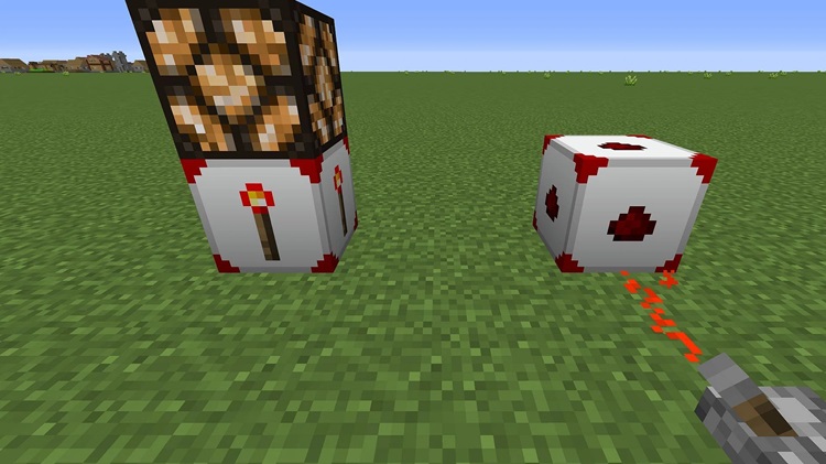 نمایی از بلوک‌ها و رد استون که با یکدیگر در بازی ماینکرفت ترکیب شده‌اند. 