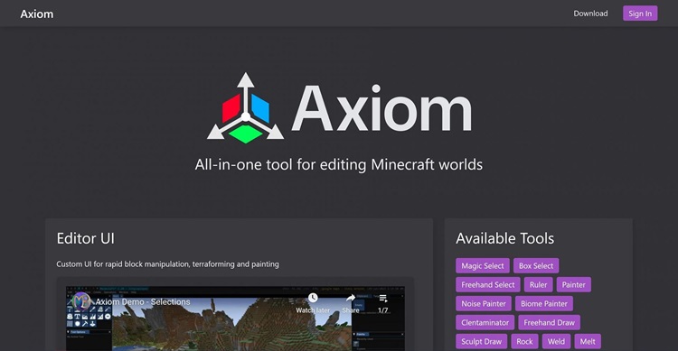 صفحه اصلی وب سایت Axiom و دکمه دانلود ماد برای بازی ماینکرفت