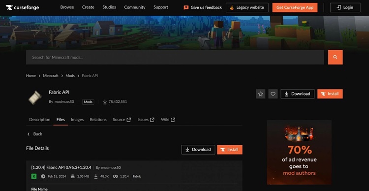 صفحه مربوط به CurseForge Fabric API
