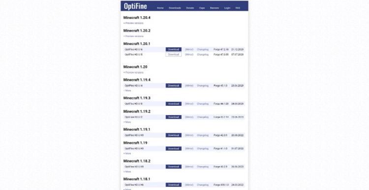 در این مرحله باید Optifine مناسب با نسخه بازی ماینکرفت خود را دانلود کنید.