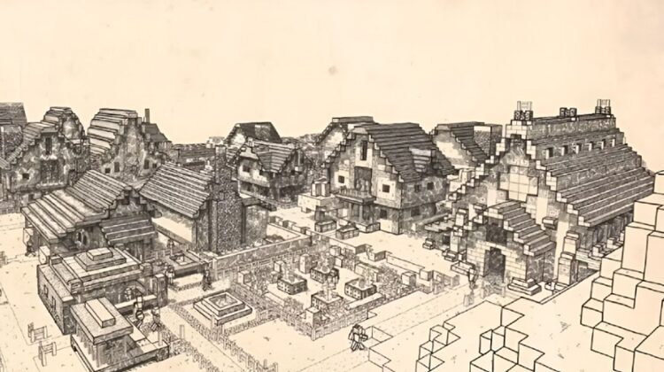 طرحی از شهر قرون وسطایی که در کتاب رسمی ماینکرفت به تصویر کشیده شده است. 