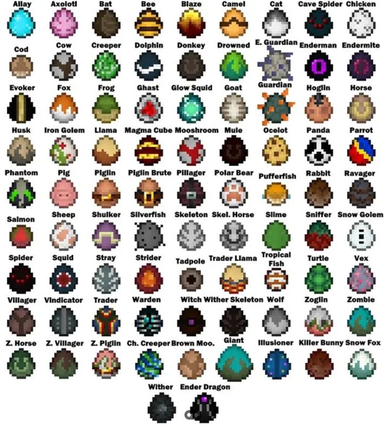 تکسچرهای ساخته شده برای تخم‌های مربوط به هر ماب در بازی ماینکرفت