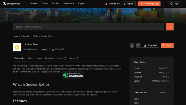 ماد Sodium Extra را می‌توانید از وب سایت CurseForge برای بازی ماینکرفت دانلود کنید.