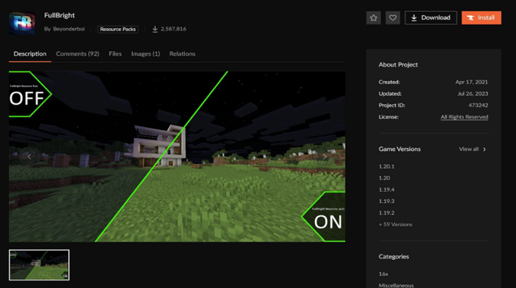 صفحه مربوط به تکسچر پک FullBright بازی ماینکرفت در CuseForge 