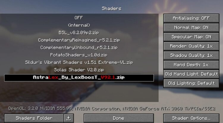 صفحه انتخاب شیدر Optifine mod برای بازی ماینکرفت