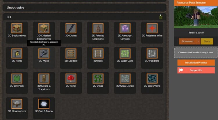 گزینه مورد نظر 3D mace برای بازی ماینکرفت در وب سایت Vanilla Tweaks