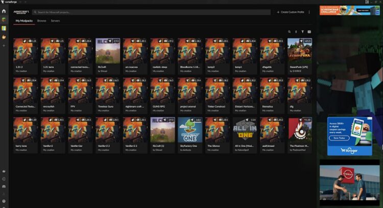 صفحه اصلی لانچر CurseForge برای بازی ماینکرفت