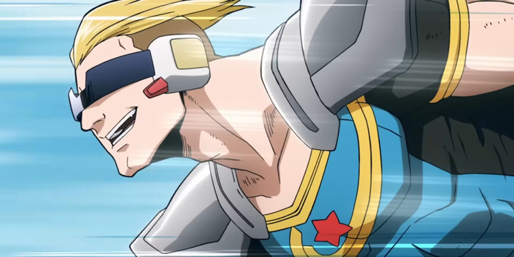 کاپیتان سلبریتی با موهای طلایی و شانه‌پوش‌های نقره‌ای در انیمه My Hero Academia