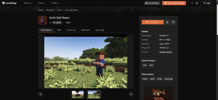 ماد Let's Do Vinery برای ماینکرفت را می‌توان از وب‌سایت CurseForge دانلود کرد.