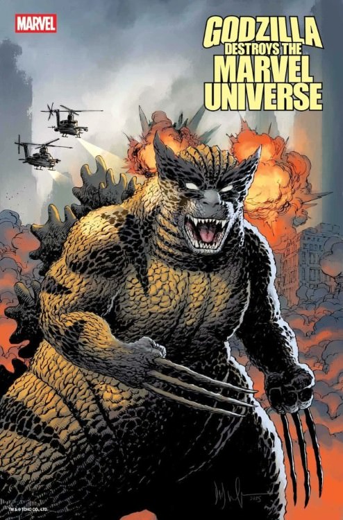 طرح روی جلد شماره چهارم کمیک Godzilla Destroys The Marvel Universe / گودزیلا دنیای مارول را نابود می‌کند