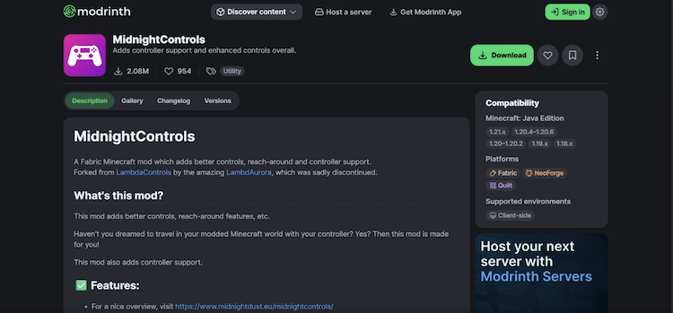 MidnightControls را می‌توان به راحتی از وب‌سایت Modrinth دانلود کرد.