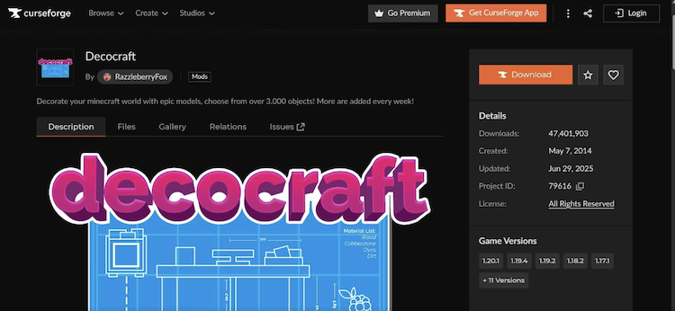 Decocraft را می‌توان به راحتی از وب‌سایت CurseForge دانلود کرد.