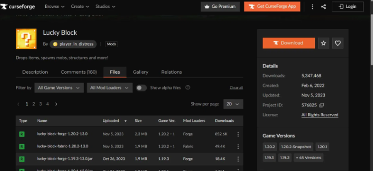 ماد Lucky Block را از وب‌سایت CurseForge می‌توانید دانلود کنید.