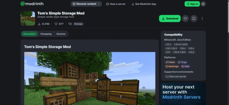 ماد Tom's Simple Storage را برای بازی ماینکرفت می‌توانید از وب‌سایت Modrinth دانلود کنید.