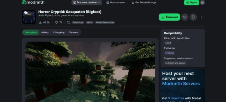 ماد Horror Cryptid: Sasquatch (Bigfoot) را می‌توانید از وب‌سایت Modrinth دانلود کنید.