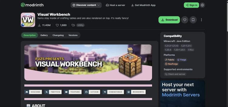 ماد Workbench برای بازی ماینکرفت را می‌توان از وب‌سایت Modrinth دانلود کرد.
