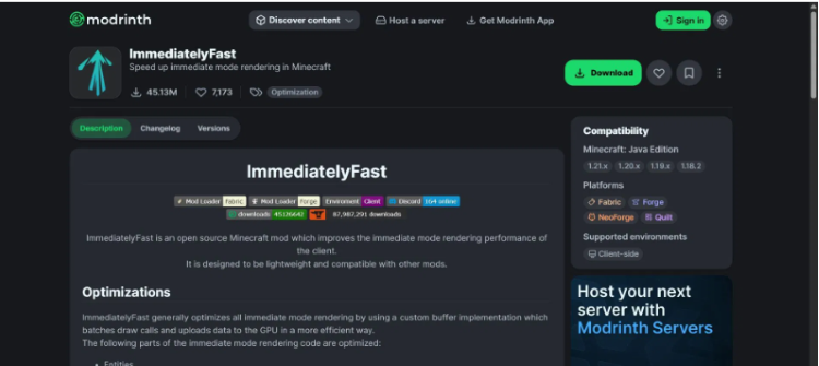 ماد immediatelyFast را می‌توان از وب‌سایت Modrinth نصب کرد.