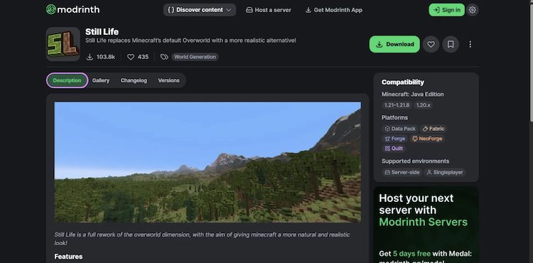 ماب Still Life را میتوان به راحتی از Modrinth دانلود کرد.