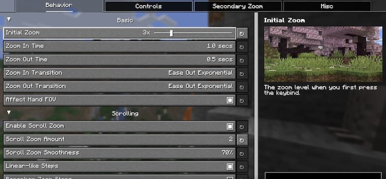Zoomify با وجود اینکه یک ماد ساده است، تنظیمات زیادی در بازی ماینکرفت ارائه میدهد.