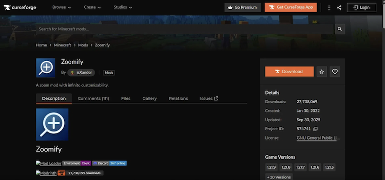 Zoomify را میتوان از وبسایت CurseForge دانلود کرد.