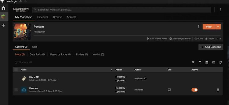 برای دانلود و نصب ماد freecam برای بازی ماینکرفت از لانچر Curseforge استفاده کنید.