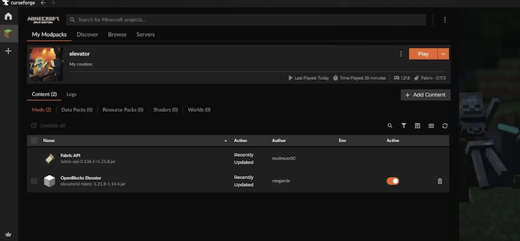 برای دانلود و نصب ماد Elevator ماینکرفت از لانچر Curseforge استفاده کنید.