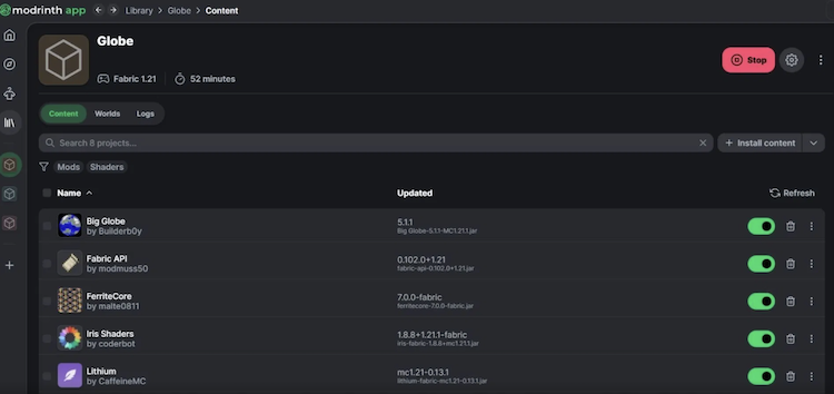 برای دانلود و نصب ماینکرفت ماد بیگ گلوب از لانچر Modrinth استفاده کنید.