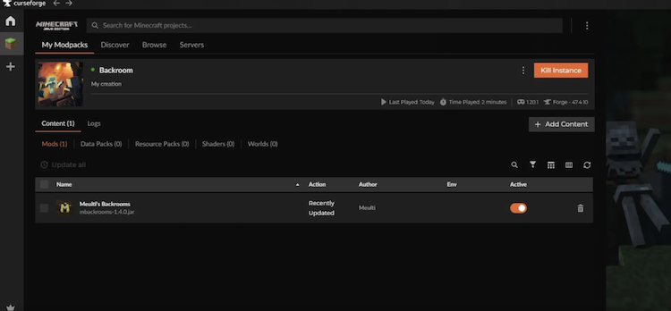 برای دانلود و نصب ماد ماینکرفت Meulti's Backrooms از لانچر Curseforge استفاده کنید.
