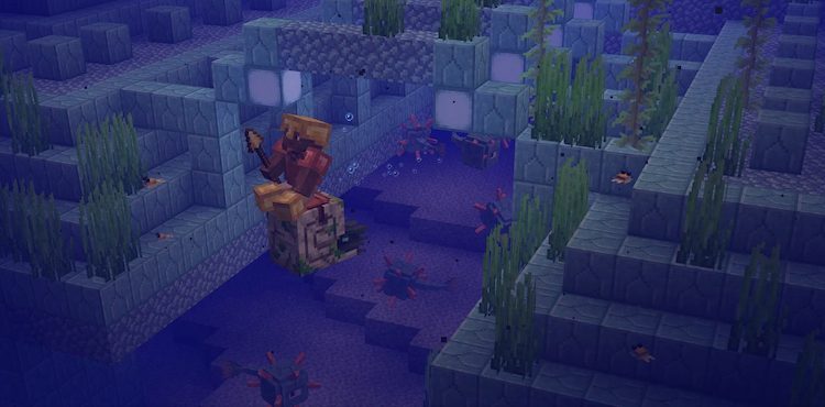 بازیکنی سوار بر یک ناتیلوس زامبی مرجانی در بازی ماینکرفت