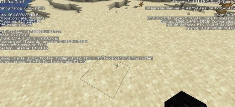 صفحه دیباگ اطلاعات مختلفی در مورد بازی ماینکرفت نشان میدهد.