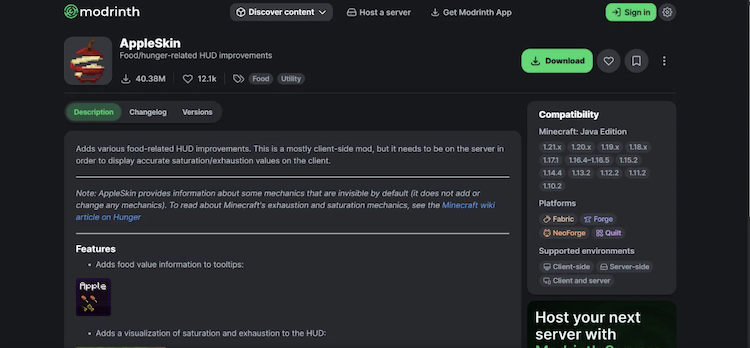 ماد AppleSkin را می‌توان از وب‌سایت Modrinth دانلود کرد.