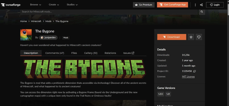 ماد Bygone برای بازی ماینکرفت را می‌توان از وب‌سایت CurseForge دانلود کرد.