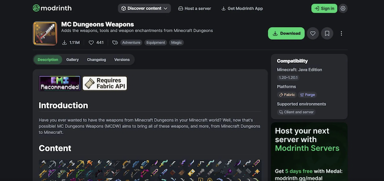 ماد MC Dungeons Weapons ماینکرفت را میتوانید از وبسایت Modrinth دانلود کنید.