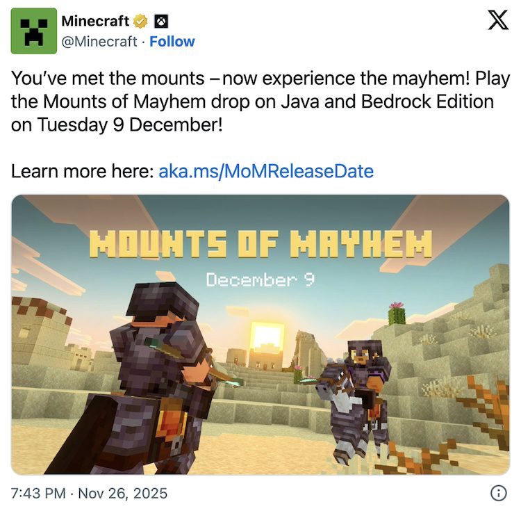 توییت رسمی اکانت ماینکرفت برای اعلام زمان انتشار آپدیت مونتز آف میهم