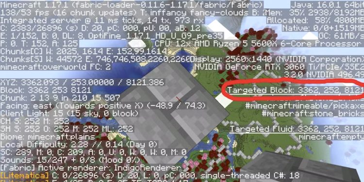 مقدار بلوک هدف مشخص شده در بازی ماینکرفت