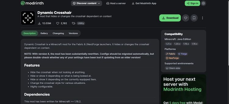 ماد Dynamic Crosshair را می‌توان از وب‌سایت Modrinth دانلود کرد.