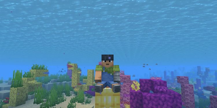 بازیکن ماینکرفت سوار بر ناتیلوسی که به آرمور طلایی مجهز شده است.