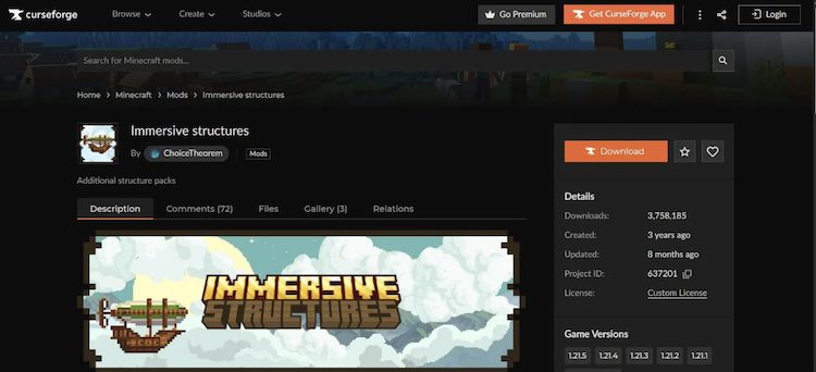Immersive Structures را میتوان از وبسایت CurseForge دانلود کرد.