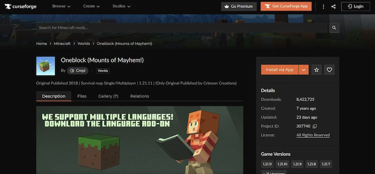 OneBlock world را برای بازی ماینکرفت میتوان از وبسایت CurseForge دانلود کرد.