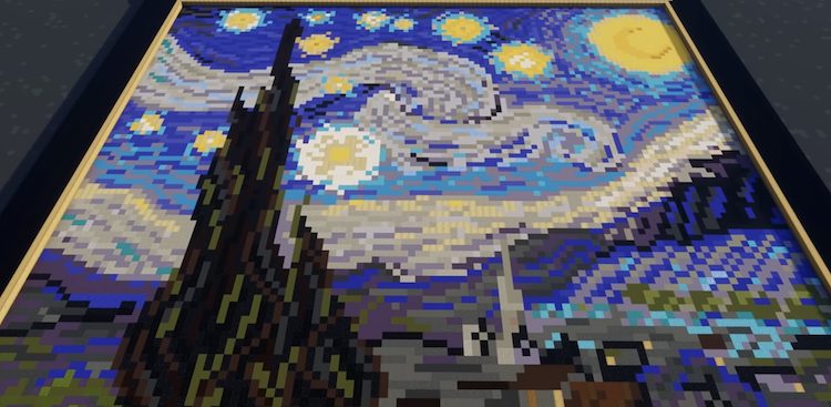 تابلوی «شب پر ستاره» اثر وینسنت ونگوگ که در بازی ماینکرفت ساخته شده است.