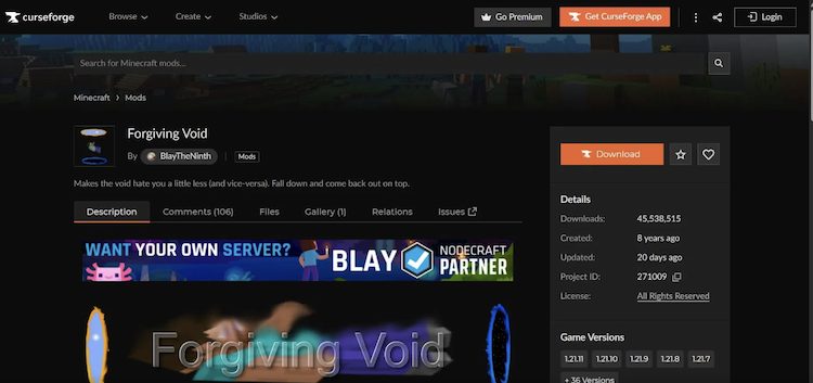 ماد Forgiving Void را میتوان از وبسایت CurseForge برای بازی ماینکرافت دانلود کرد.