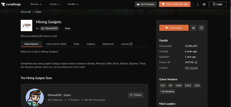 ماد Mining Gadgets را میتوان از وبسایت CurseForge دانلود کرد.