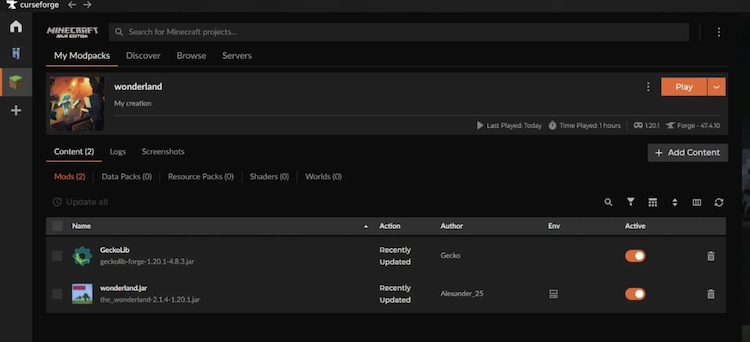 شما می‌توانید ماد wonderland.jar را برای بازی ماینکرفت با استفاده از لانچر Curseforge نصب کنید.